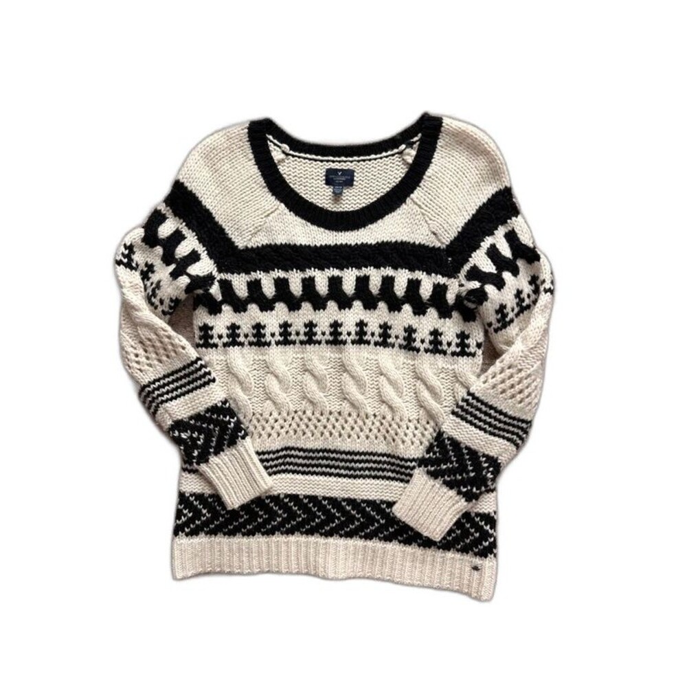 American Eagle Fair Isle Chunky Cable Knit Wool Blend Sweater Cream Black XS